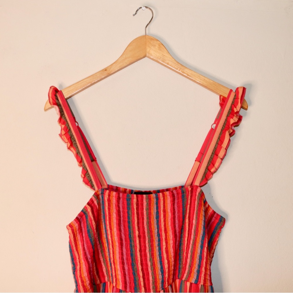 Torrid Midi Challis Smocked Tiered Dress in Stripe Pink - Picture 6 of 13